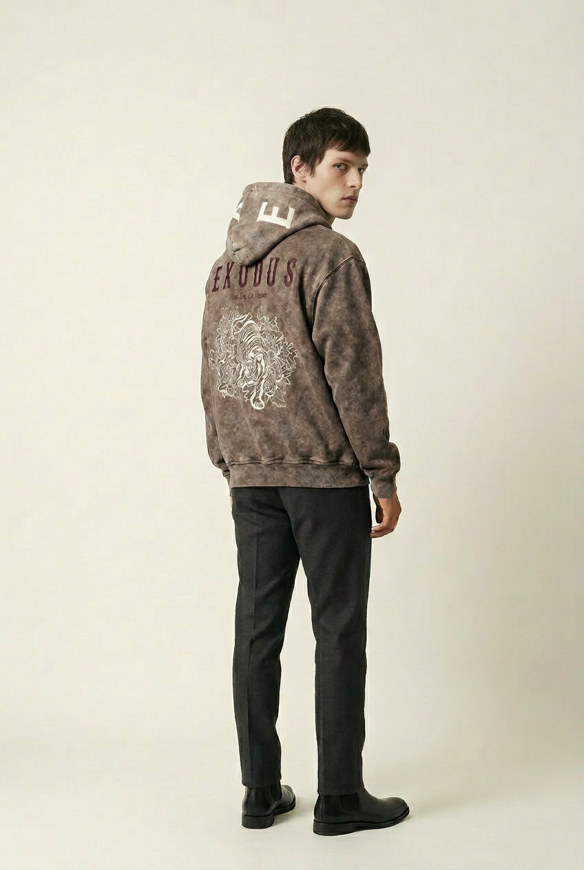Embroidered  Monté  Acid Washed Flower Tiger Hoodie